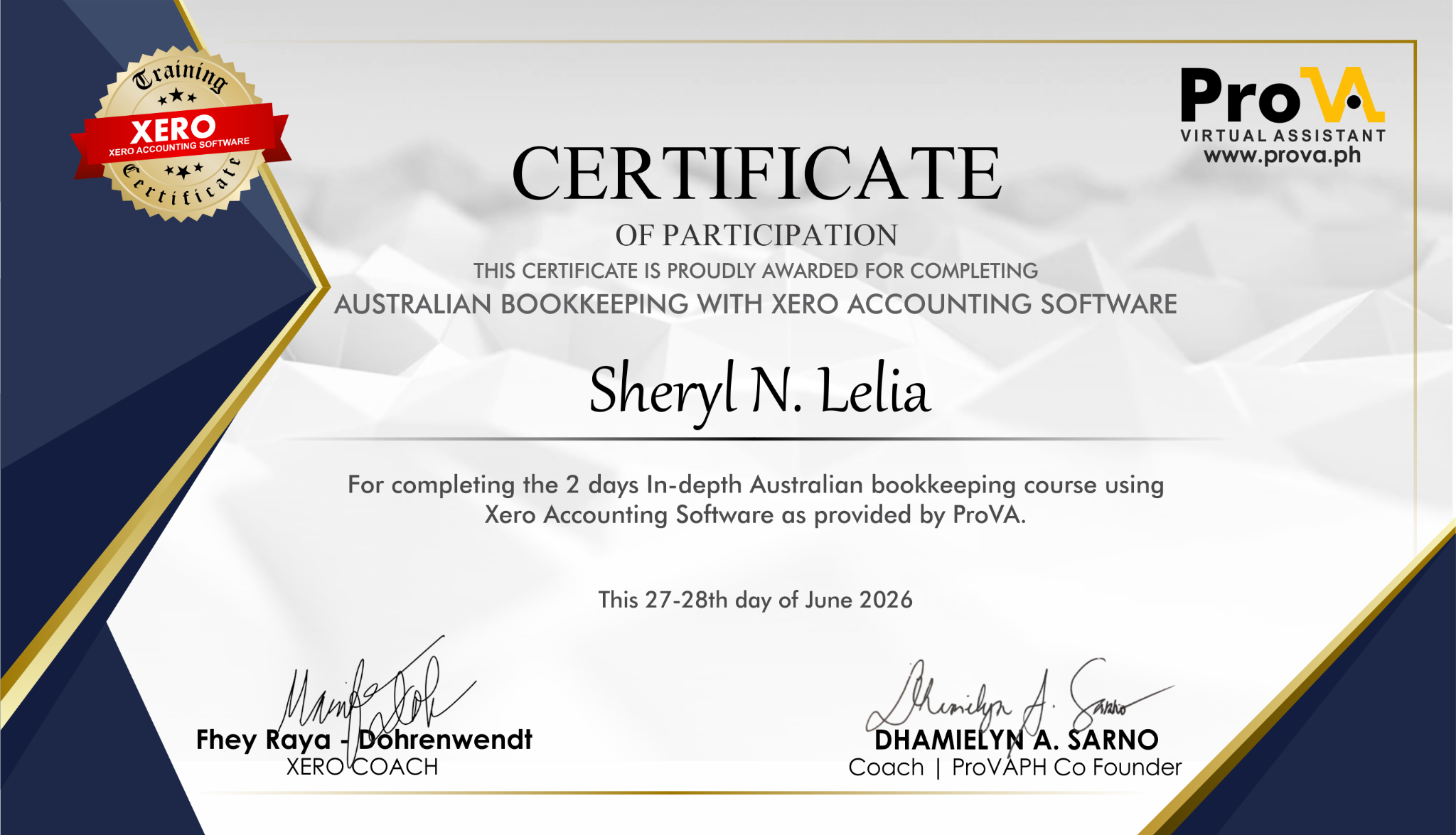 Australian Bookkeeping with Xero Accounting Software training certificate